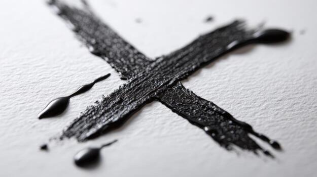 Abstract Black Paint Cross Mark on White Paper with Splatters, Close-Up Shot, Symbol of Cancellation photo
