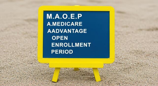 Medicare Advantage Open Enrollment Period Message Displayed on Easel with Yellow Frame on Sand Background photo