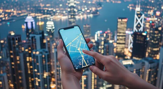 Modern Navigation Person Using Mobile GPS App in Urban Setting with Cityscape Background photo