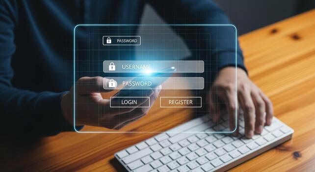 Secure Online Login A Man Accessing Digital Account on Smartphone with Keyboard for Data Protection photo
