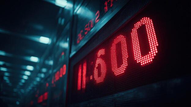 Stock Market Ticker Displaying Numbers in Red, Close-Up View for Financial and Business Concepts photo
