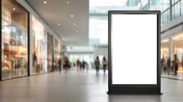 Blank Advertisement Billboard Mockup Displayed Inside Shopping Mall with Blurred Background for Marketing and Promotion photo