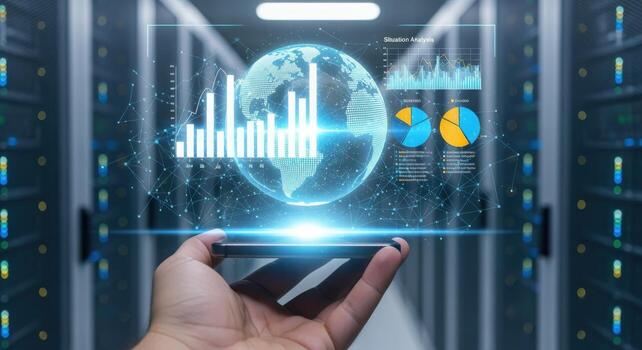 Data Analysis and Visualization on Mobile Device within a Server Room, Representing Modern Technology photo