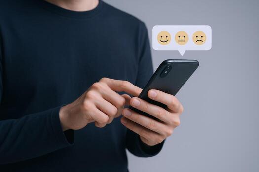 Customer Feedback Survey on Smartphone Man Selecting Emoji Scale for Online Review and Rating photo