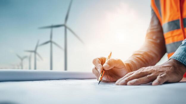 Engineer Analyzing Wind Turbine Blueprint on Site for Sustainable Energy Project Development and Planning photo