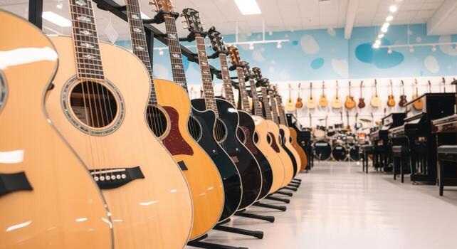 Acoustic Guitars Displayed in Music Store Variety of Stringed Instruments for Sale and Performance photo