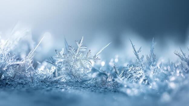 Macro Photograph of Delicate Ice Crystals and Snowflakes Forming on a Cold Winter Surface photo