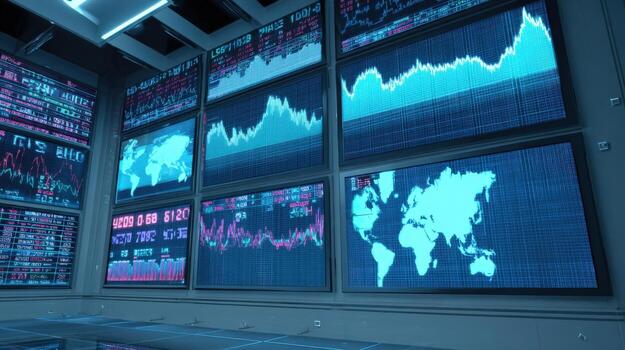 Data Visualization Room Interactive Stock Market Analysis and Global Economic Trends Display on Multiple Screens photo