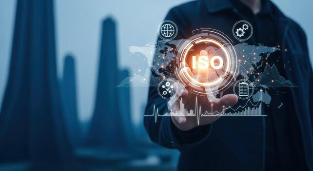 ISO Certification Presentation Man Displaying Global Standards, Quality Assurance, and Technology Interface in Blue Tones photo