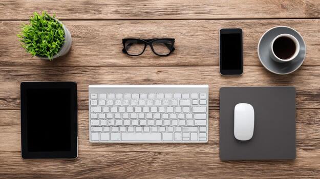 Overhead view of modern technology and office essentials neatly arranged on a rustic wooden desk photo