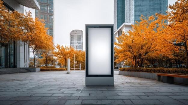 Modern City Billboard Mockup in Autumn with Empty White Space for Advertising in Urban Setting photo
