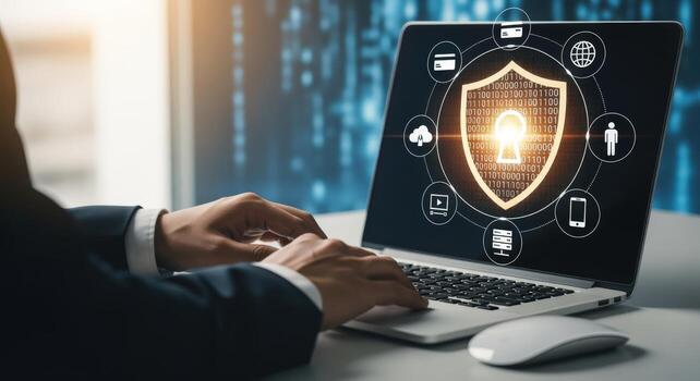 Cybersecurity Professional Working on Laptop with Security Shield, Protecting Data and Networks, Concept of Digital Protection photo