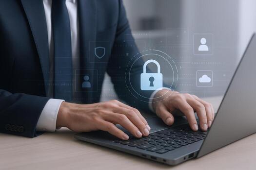 negocio profesional asegurando datos con ordenador portátil la seguridad cibernética, cifrado, y datos proteccion conceptos foto