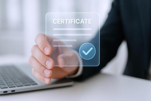 Digital Certificate Verification Concept Businessman Holding Transparent Interface with Approved Certification Checkmark and Laptop Computer photo