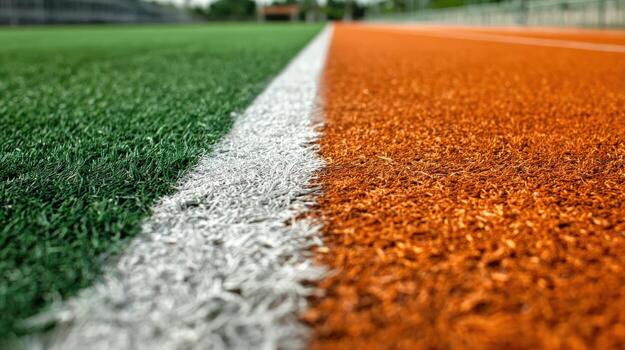 Close Up View of Artificial Turf with Orange and Green Fields Divided by a White Line photo