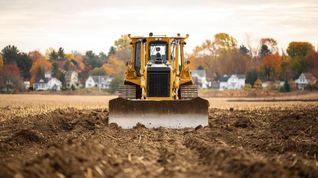 Bulldozer Leveling and Clearing Land for Construction, Infrastructure, or Agricultural Development in Rural Area photo