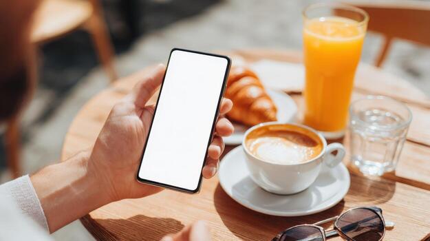 Mobile Phone Mockup at Breakfast Table with Croissant, Coffee and Juice for App Promotion photo