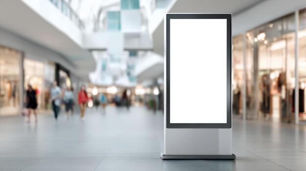Digital Signage Mockup in Modern Shopping Mall, Advertisement Billboard with Blank White Screen Display photo