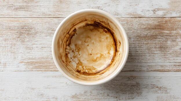 Empty dirty bowl with food residue on a rustic wooden background, top-down perspective photo