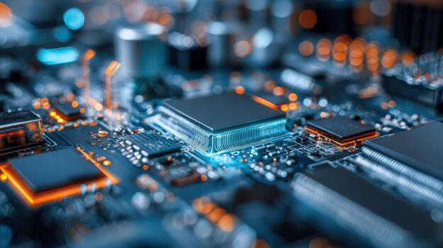 de cerca de moderno computadora tarjeta madre con microchips, circuitos, y electrónico componentes para alto tecnología industria foto