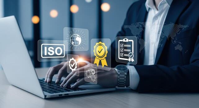 Businessman Using Laptop Demonstrating ISO Standards, Quality Control, Compliance, and Certification for Business Excellence and Operational Efficiency photo