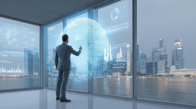 Executive Analyzing Global Data in Modern Office Overlooking City Skyline, Illustrating Business Intelligence and Future Technology photo