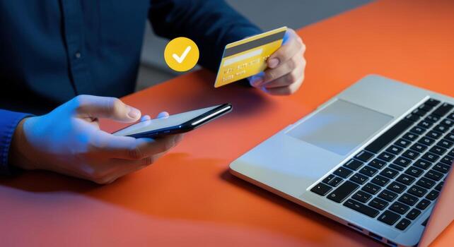 Online Shopping Payment Man Using Smartphone with Credit Card for Secure and Convenient Transactions photo