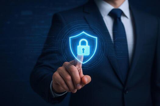 datos proteccion concepto empresario conmovedor un brillante proteger con un candado icono en un futurista interfaz foto