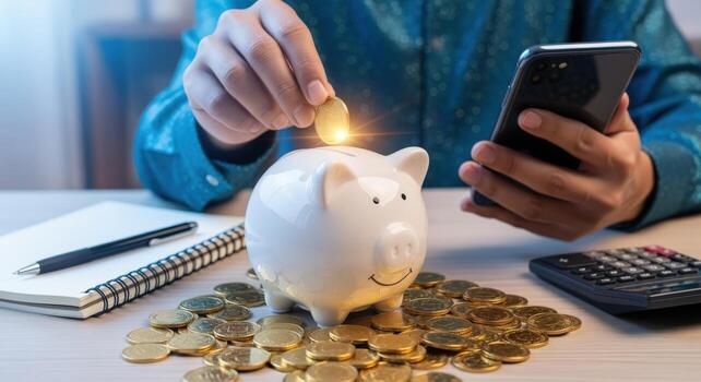 Saving Money Concept Person Placing Coin in Piggy Bank While Using Mobile Phone photo