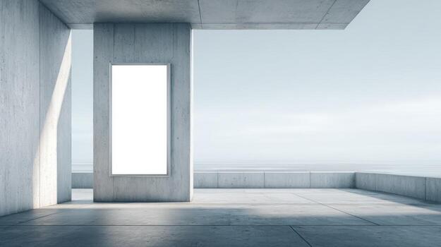 Blank Poster Frame on Concrete Structure with Ocean View, Mockup for Advertisement photo