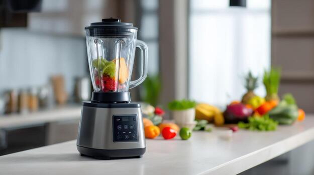 Blender with Fresh Fruits and Vegetables on Countertop, Preparing a Healthy Smoothie in Modern Kitchen photo