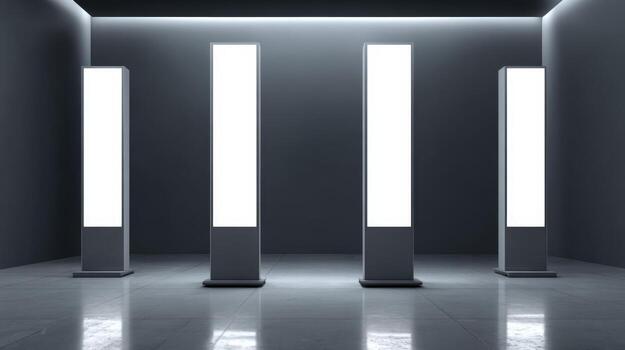 Illuminated Totems in Modern Dark Room Showcase Product Display with Elegant Minimalist Design photo