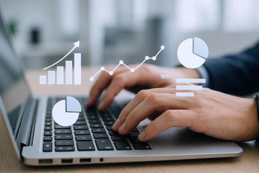 Business professional analyzing financial data trends and market growth using laptop technology for strategic decision-making photo
