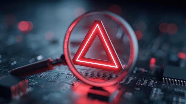 Neon Triangle Under Magnifying Glass on Circuit Board Technology Analysis and Innovation Concept photo