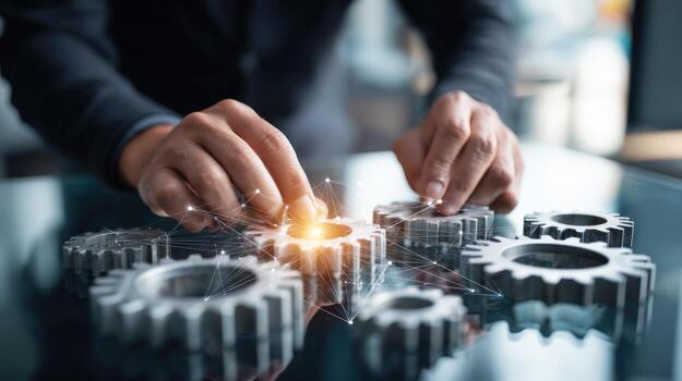 Business Integration with Gears Hands Connecting Cogwheels for Innovation and Teamwork in Technology photo