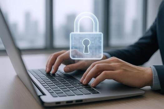 Cybersecurity Professional Typing on Laptop with Digital Lock Overlay for Data Protection and Online Security photo
