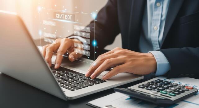 Businessman Using Chatbot Technology on Laptop for Business Communication and Automation, Modern Digital Technology photo