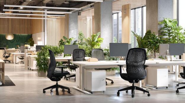 Modern Open Office Space with Plants and Natural Light for Collaborative Work Environment photo