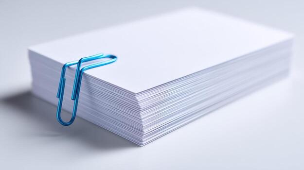 Stack of Blank White Paper Sheets with Blue Paperclip Isolated on White Background photo