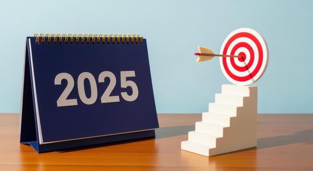 Calendar Displaying 2025 Next to Target and Stairs, Representing Goals, Objectives, and Achievements for the New Year photo