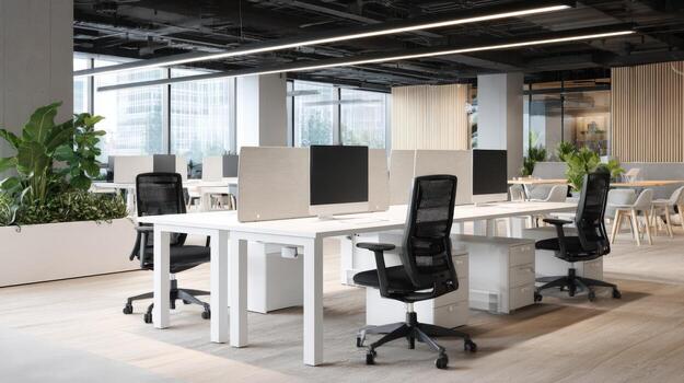 Modern Open Office Space with Desks and Chairs, Providing a Bright and Collaborative Work Environment photo