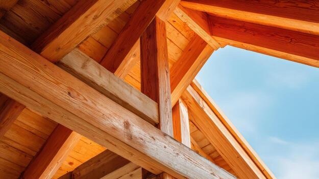 Wooden Roof Structure Exposed Beams and Rafters Construction with Bright Sky in the Background photo