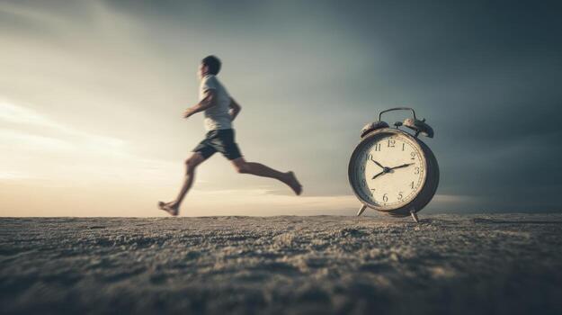 Concept of Time Pressure Young Man Running Against Clock in a Rush to Deadline photo
