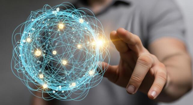 Global Network Concept with Person Touching Digital Connections, Representing Technology and Innovation photo
