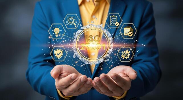 Quality Control Management System Implementation Man Presents Digital ISO Certification Process and Standards for Manufacturing photo