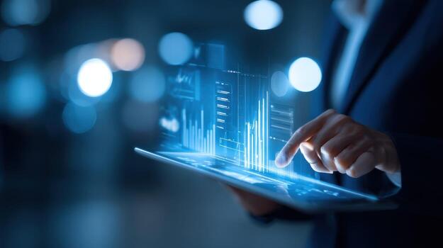 Business professional analyzing data on digital tablet showcasing financial reports and graphical charts in modern office photo