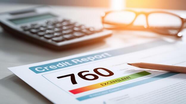 Credit Score Report Document Displaying Excellent Rating on Desk with Calculator and Eyeglasses photo
