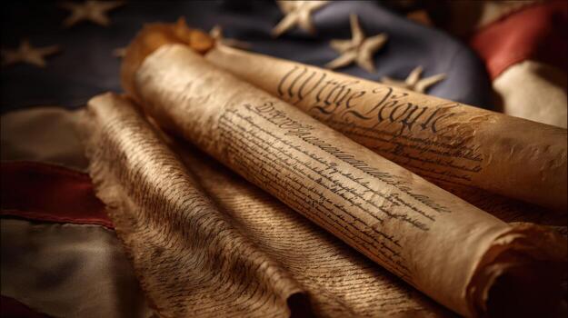 Declaration of Independence Scrolls on American Flag Background Symbol of Freedom and Democracy photo