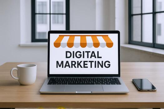 Digital Marketing Strategy Displayed on Laptop Screen with Coffee Mug and Smartphone on Desk photo