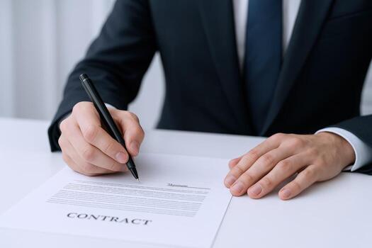 Close-up of Man Signing Contract Document with Pen on White Desk in Formal Attire photo